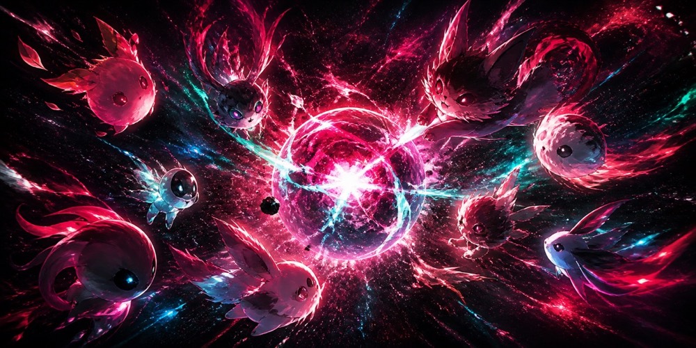 Illustration: Several small cute companion creatures floating around a glowing central orb in an astral setting